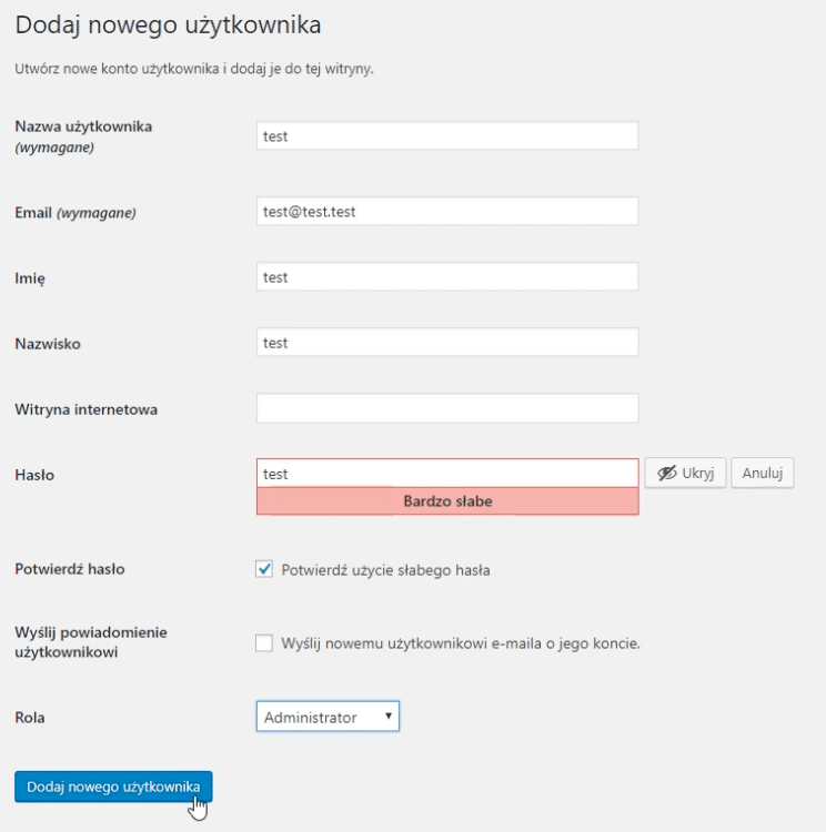 Nowe konto administratora